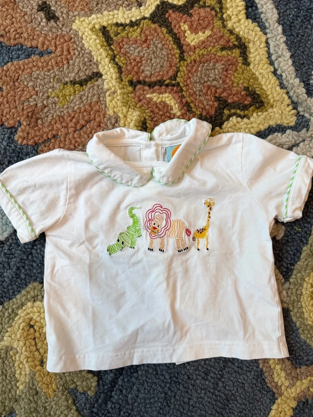 White Short Sleeve Kids Tee with Embroidered Safari Animals and Green Trim